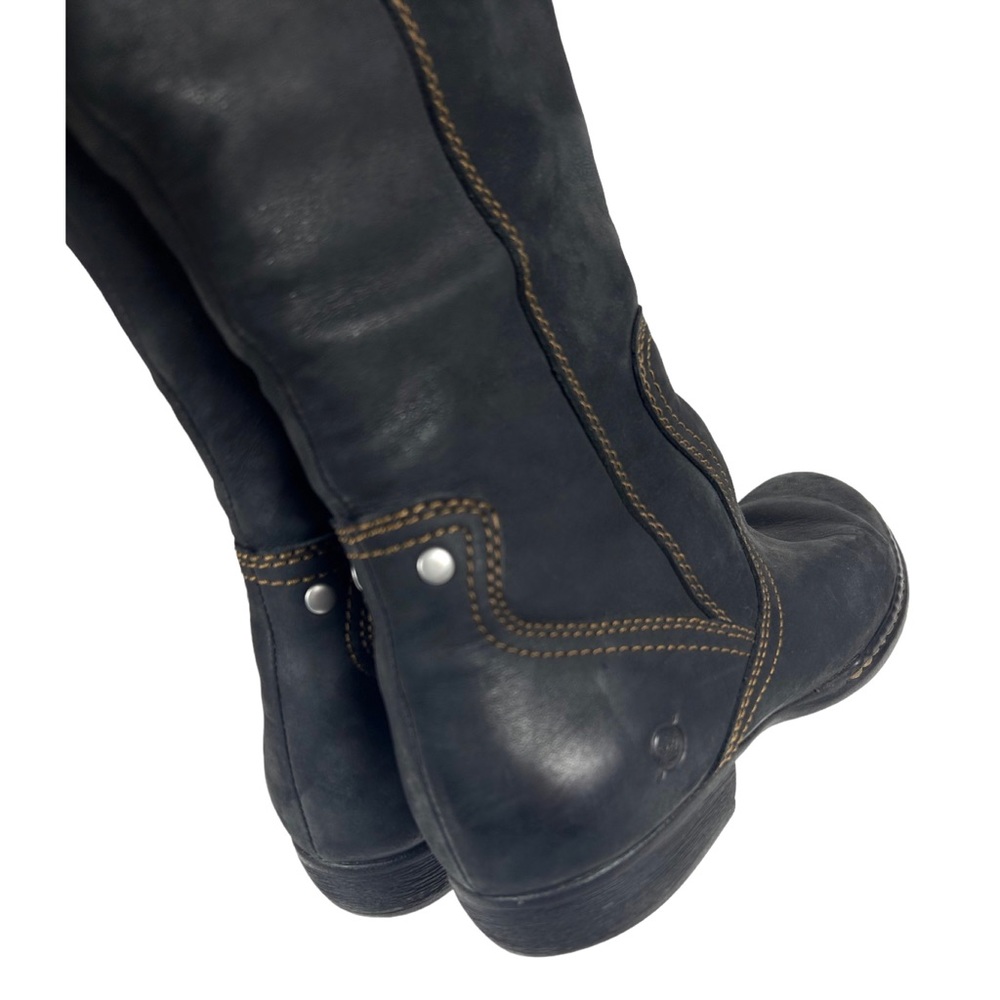 Born Tall Fold-Over Leather Riding Boots in Black with Gray Trim - Picture 4 of 15